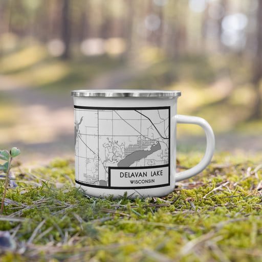 Right View Custom Delavan Lake Wisconsin Map Enamel Mug in Classic on Grass With Trees in Background