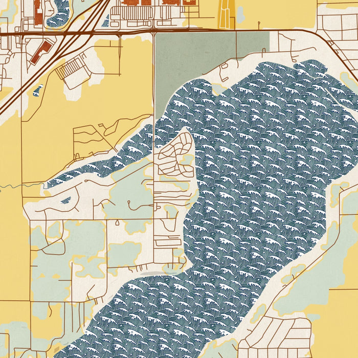 Delavan Lake Wisconsin Map Print in Woodblock Style Zoomed In Close Up Showing Details