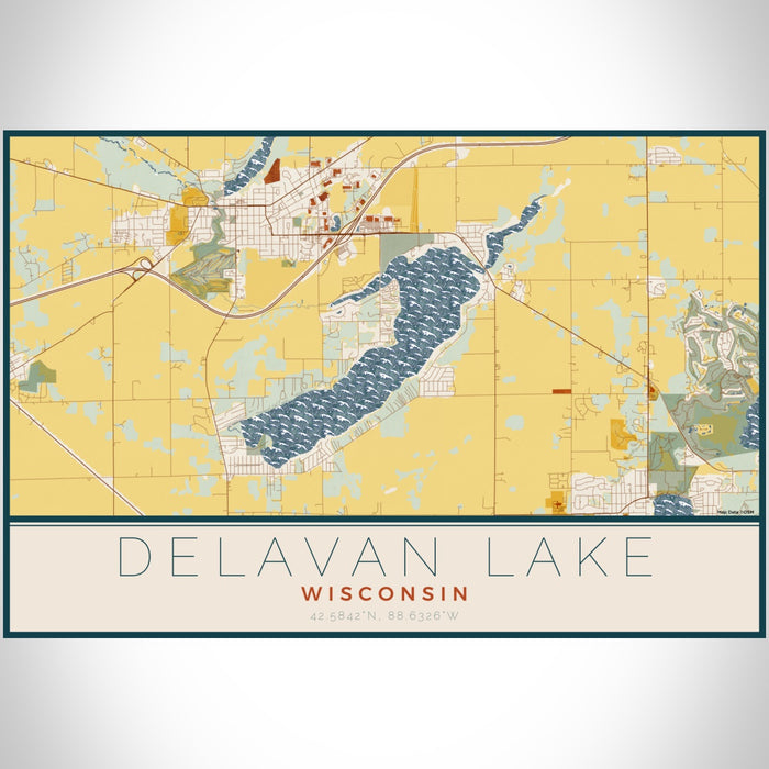 Delavan Lake Wisconsin Map Print Landscape Orientation in Woodblock Style With Shaded Background
