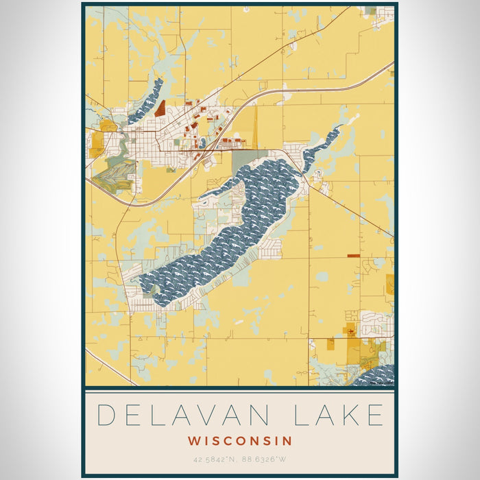 Delavan Lake Wisconsin Map Print Portrait Orientation in Woodblock Style With Shaded Background