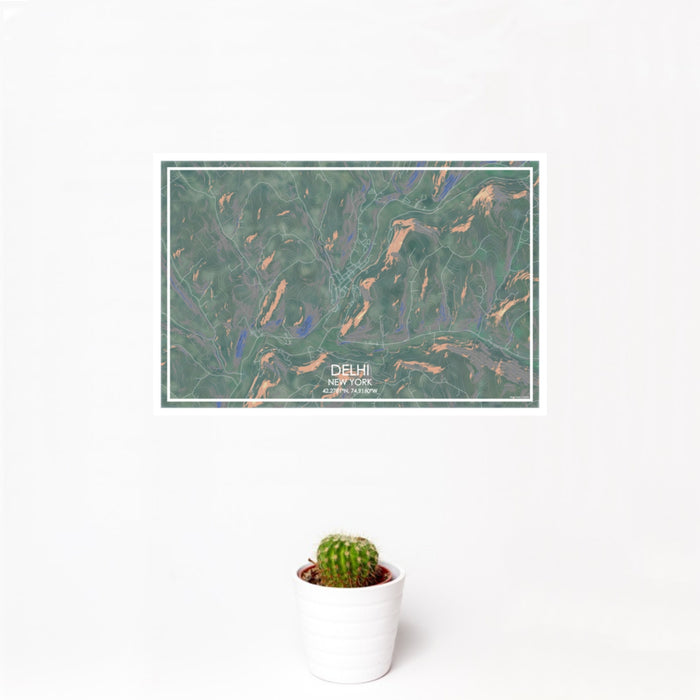 12x18 Delhi New York Map Print Landscape Orientation in Afternoon Style With Small Cactus Plant in White Planter