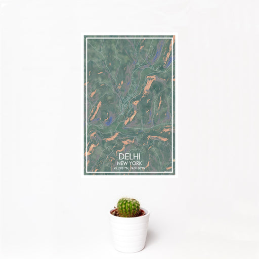 12x18 Delhi New York Map Print Portrait Orientation in Afternoon Style With Small Cactus Plant in White Planter