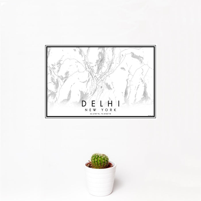 12x18 Delhi New York Map Print Landscape Orientation in Classic Style With Small Cactus Plant in White Planter