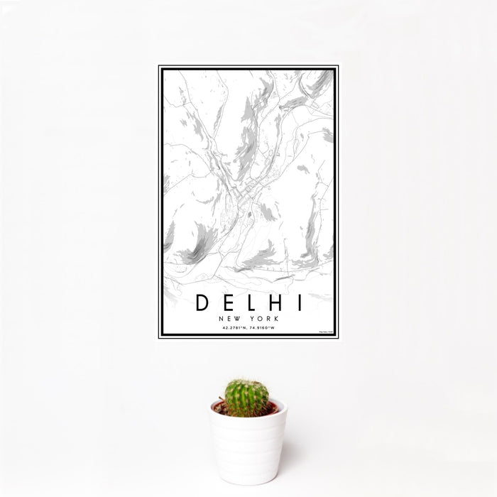 12x18 Delhi New York Map Print Portrait Orientation in Classic Style With Small Cactus Plant in White Planter