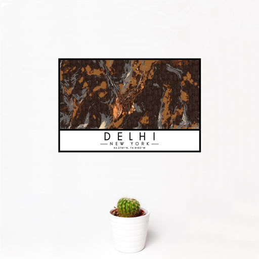 12x18 Delhi New York Map Print Landscape Orientation in Ember Style With Small Cactus Plant in White Planter