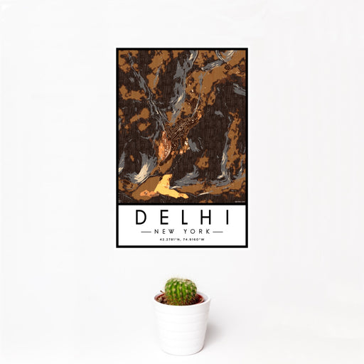 12x18 Delhi New York Map Print Portrait Orientation in Ember Style With Small Cactus Plant in White Planter