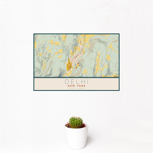 12x18 Delhi New York Map Print Landscape Orientation in Woodblock Style With Small Cactus Plant in White Planter