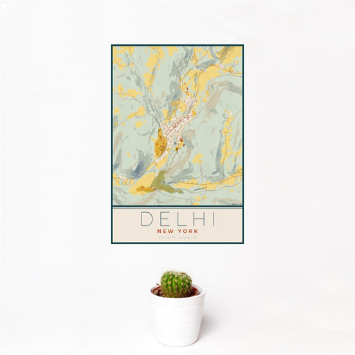 12x18 Delhi New York Map Print Portrait Orientation in Woodblock Style With Small Cactus Plant in White Planter