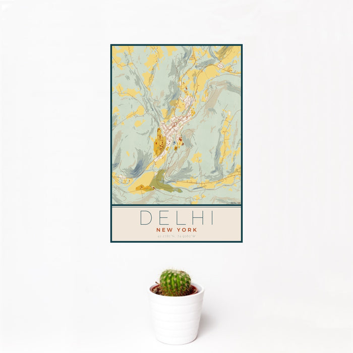 12x18 Delhi New York Map Print Portrait Orientation in Woodblock Style With Small Cactus Plant in White Planter