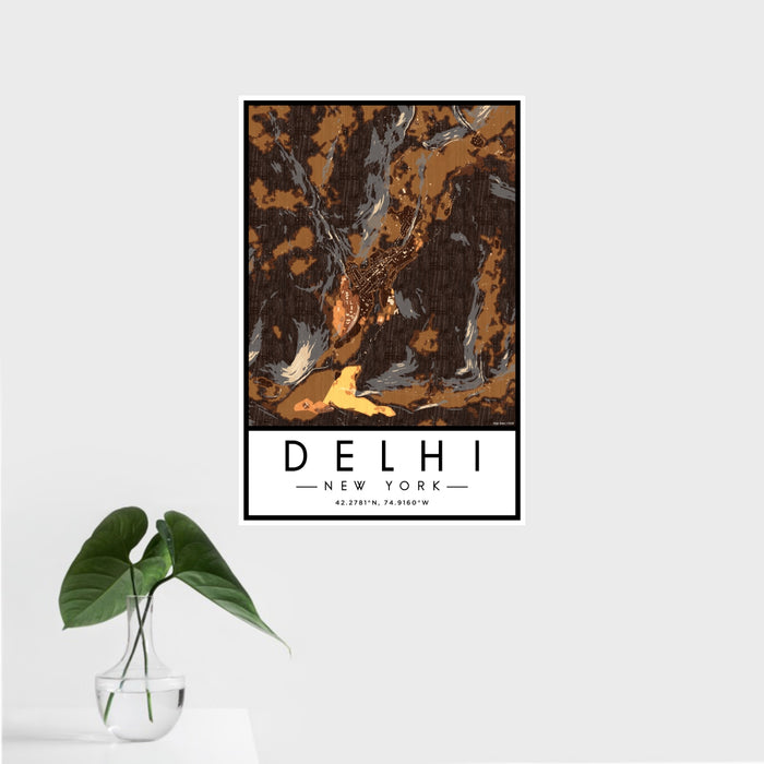 16x24 Delhi New York Map Print Portrait Orientation in Ember Style With Tropical Plant Leaves in Water