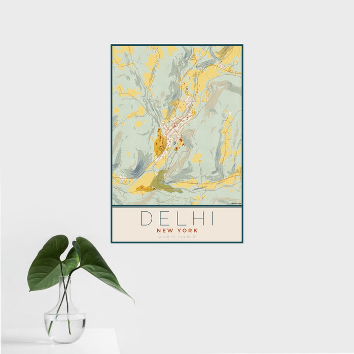 16x24 Delhi New York Map Print Portrait Orientation in Woodblock Style With Tropical Plant Leaves in Water