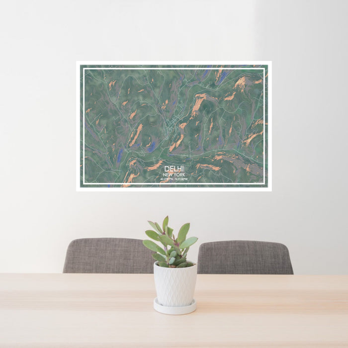 24x36 Delhi New York Map Print Lanscape Orientation in Afternoon Style Behind 2 Chairs Table and Potted Plant