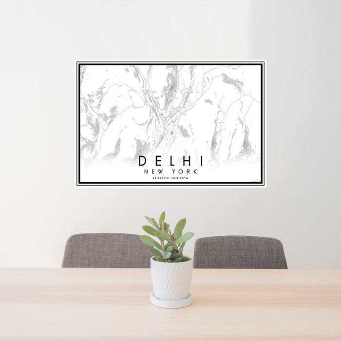 24x36 Delhi New York Map Print Lanscape Orientation in Classic Style Behind 2 Chairs Table and Potted Plant