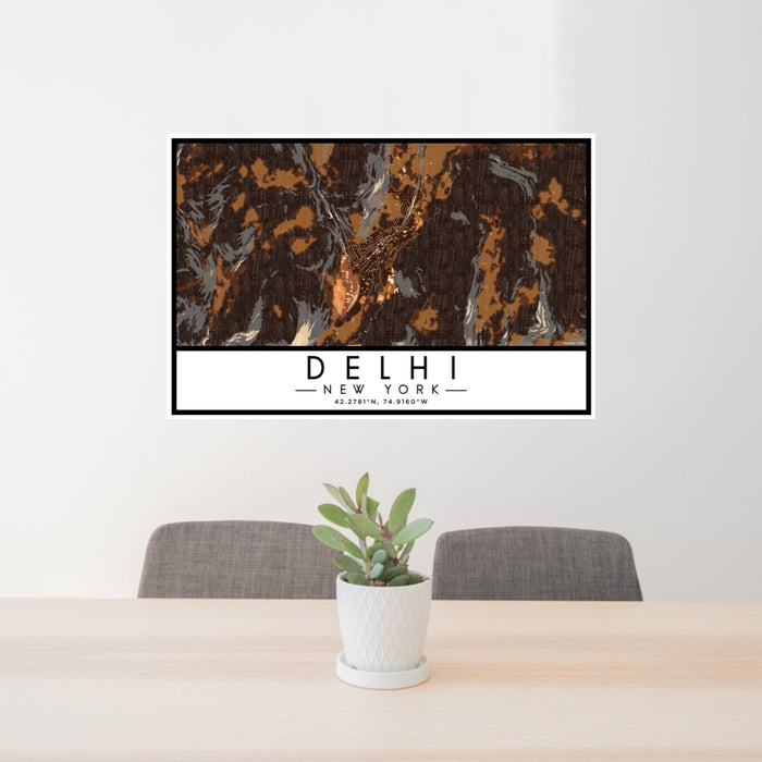 24x36 Delhi New York Map Print Lanscape Orientation in Ember Style Behind 2 Chairs Table and Potted Plant