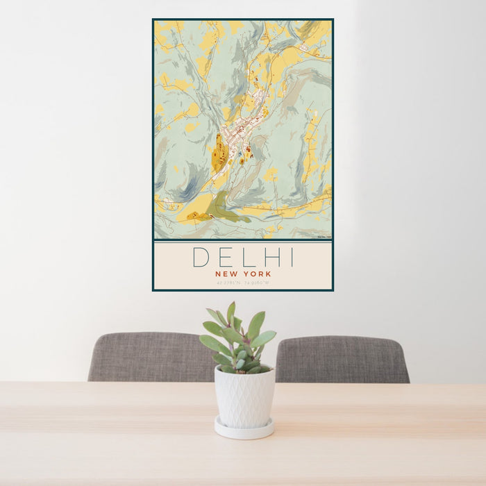 24x36 Delhi New York Map Print Portrait Orientation in Woodblock Style Behind 2 Chairs Table and Potted Plant