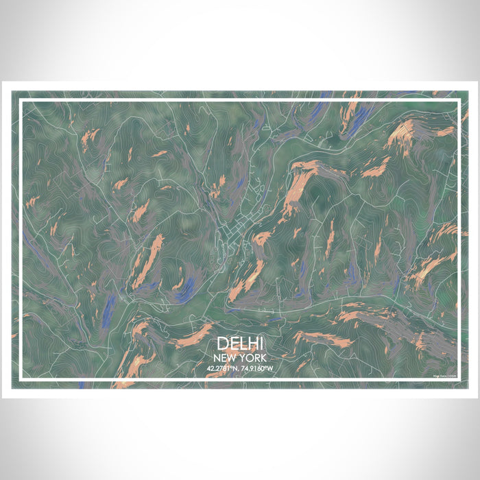 Delhi New York Map Print Landscape Orientation in Afternoon Style With Shaded Background
