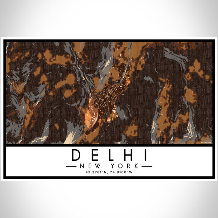 Delhi New York Map Print Landscape Orientation in Ember Style With Shaded Background