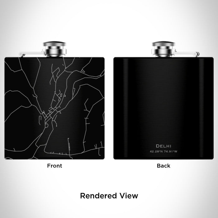 Rendered View of Delhi New York Map Engraving on 6oz Stainless Steel Flask in Black