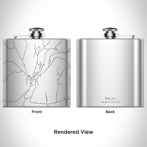 Rendered View of Delhi New York Map Engraving on 6oz Stainless Steel Flask
