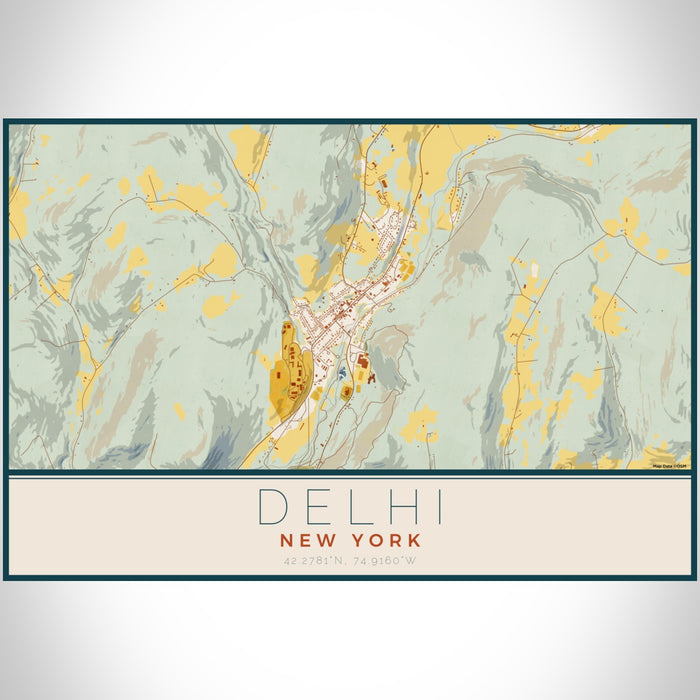 Delhi New York Map Print Landscape Orientation in Woodblock Style With Shaded Background
