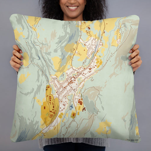 Person holding 22x22 Custom Delhi New York Map Throw Pillow in Woodblock