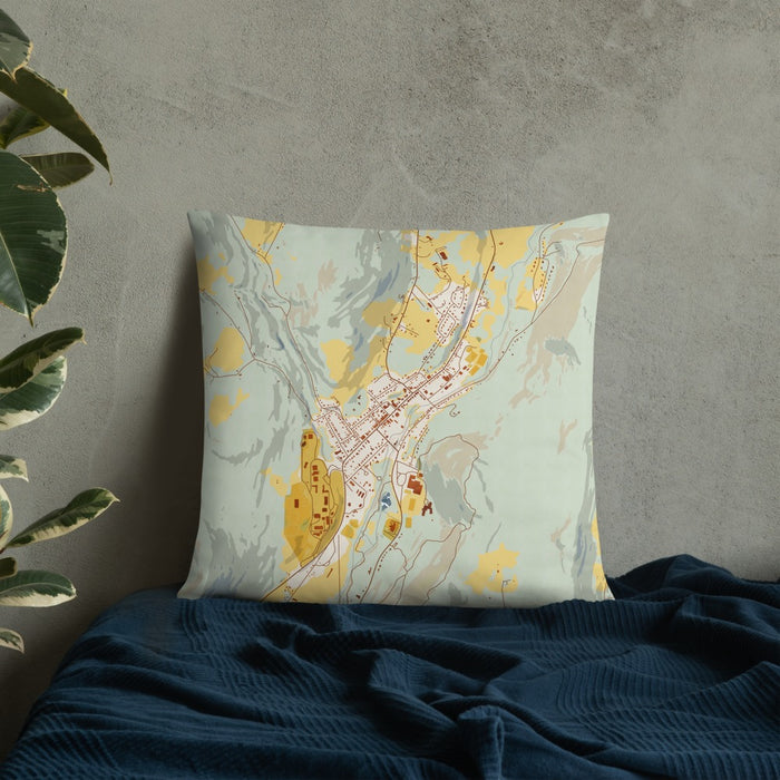 Custom Delhi New York Map Throw Pillow in Woodblock on Bedding Against Wall