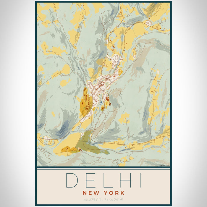Delhi New York Map Print Portrait Orientation in Woodblock Style With Shaded Background