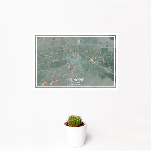 12x18 Del Norte Colorado Map Print Landscape Orientation in Afternoon Style With Small Cactus Plant in White Planter