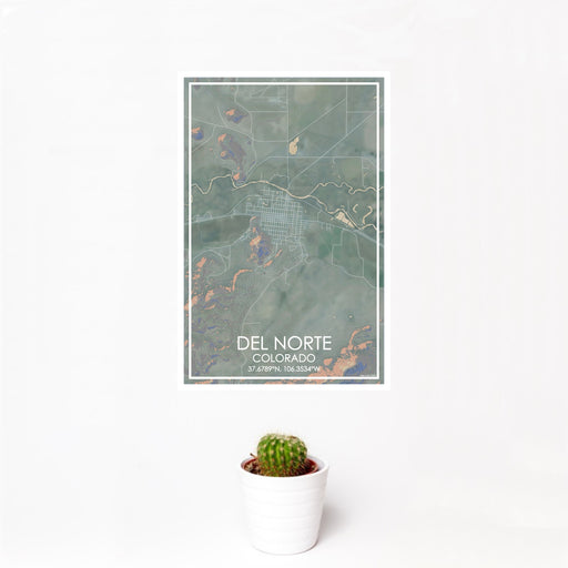12x18 Del Norte Colorado Map Print Portrait Orientation in Afternoon Style With Small Cactus Plant in White Planter