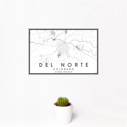 12x18 Del Norte Colorado Map Print Landscape Orientation in Classic Style With Small Cactus Plant in White Planter