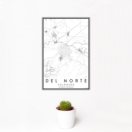 12x18 Del Norte Colorado Map Print Portrait Orientation in Classic Style With Small Cactus Plant in White Planter