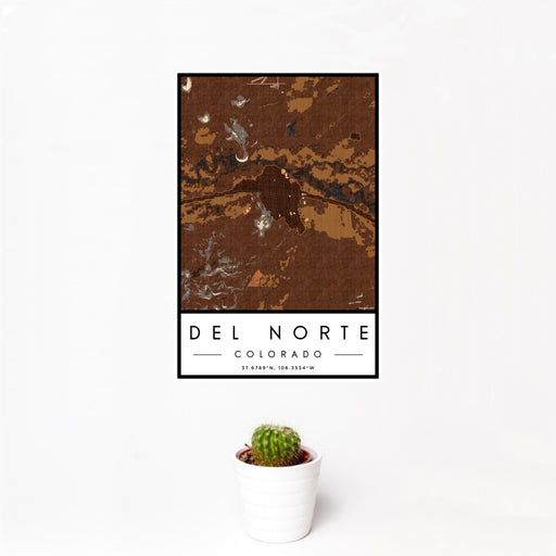 12x18 Del Norte Colorado Map Print Portrait Orientation in Ember Style With Small Cactus Plant in White Planter