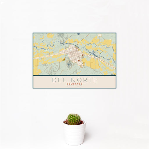 12x18 Del Norte Colorado Map Print Landscape Orientation in Woodblock Style With Small Cactus Plant in White Planter