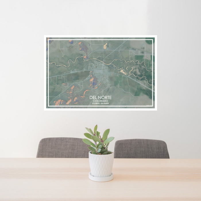 24x36 Del Norte Colorado Map Print Lanscape Orientation in Afternoon Style Behind 2 Chairs Table and Potted Plant