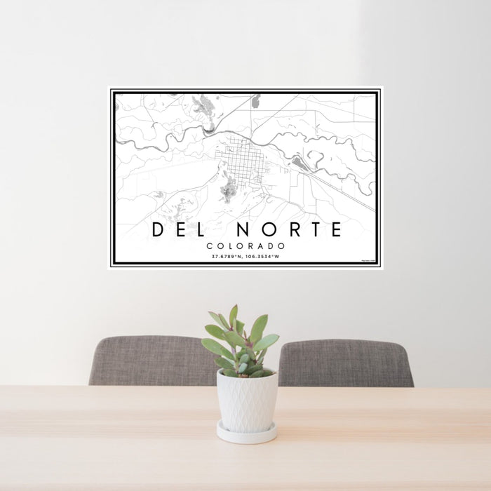 24x36 Del Norte Colorado Map Print Lanscape Orientation in Classic Style Behind 2 Chairs Table and Potted Plant