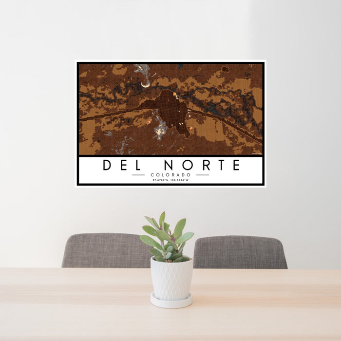 24x36 Del Norte Colorado Map Print Lanscape Orientation in Ember Style Behind 2 Chairs Table and Potted Plant