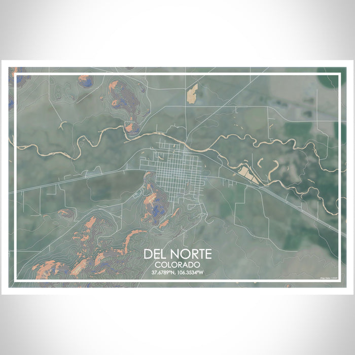 Del Norte Colorado Map Print Landscape Orientation in Afternoon Style With Shaded Background
