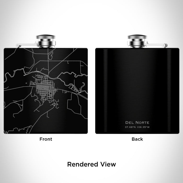 Rendered View of Del Norte Colorado Map Engraving on 6oz Stainless Steel Flask in Black