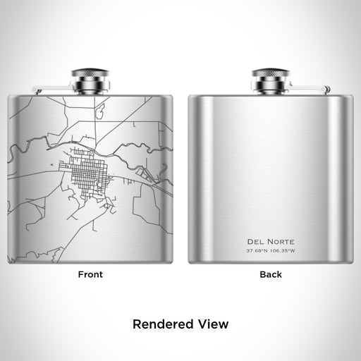 Rendered View of Del Norte Colorado Map Engraving on 6oz Stainless Steel Flask