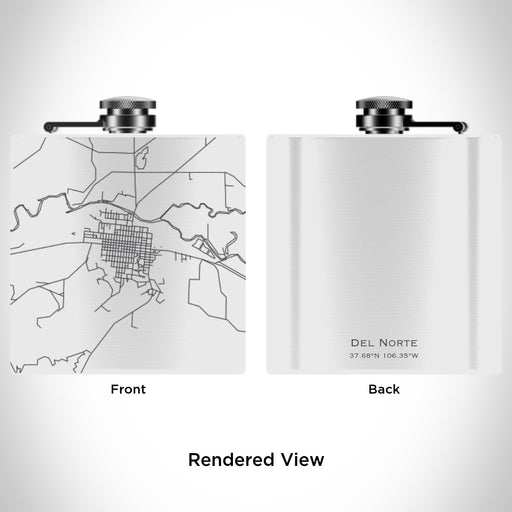 Rendered View of Del Norte Colorado Map Engraving on 6oz Stainless Steel Flask in White