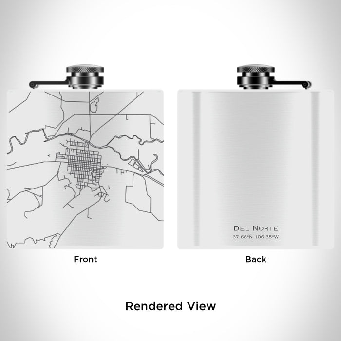 Rendered View of Del Norte Colorado Map Engraving on 6oz Stainless Steel Flask in White