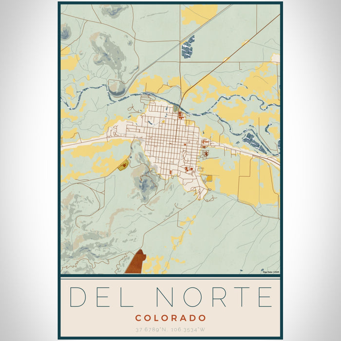 Del Norte Colorado Map Print Portrait Orientation in Woodblock Style With Shaded Background