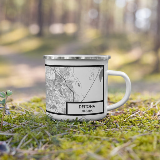Right View Custom Deltona Florida Map Enamel Mug in Classic on Grass With Trees in Background