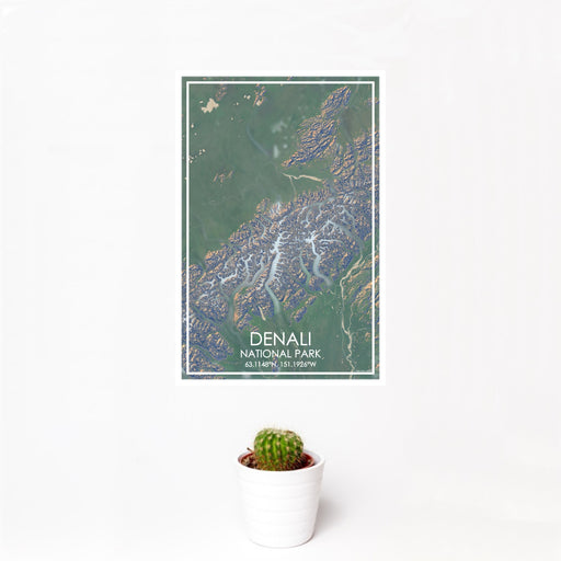 12x18 Denali National Park Map Print Portrait Orientation in Afternoon Style With Small Cactus Plant in White Planter