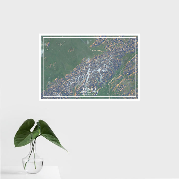 16x24 Denali National Park Map Print Landscape Orientation in Afternoon Style With Tropical Plant Leaves in Water