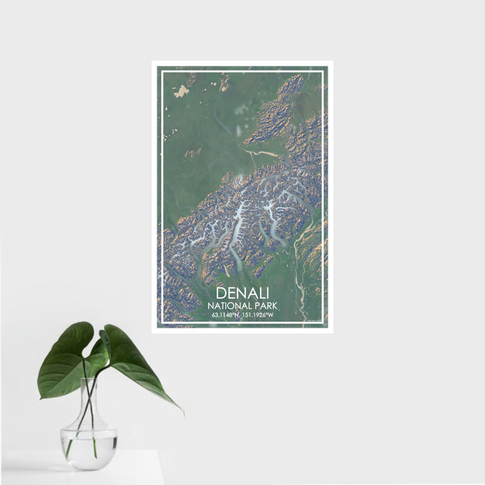 16x24 Denali National Park Map Print Portrait Orientation in Afternoon Style With Tropical Plant Leaves in Water