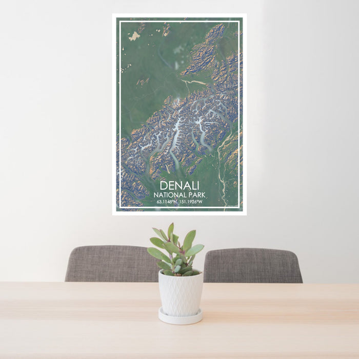 24x36 Denali National Park Map Print Portrait Orientation in Afternoon Style Behind 2 Chairs Table and Potted Plant