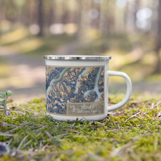 Right View Custom Denali National Park Map Enamel Mug in Afternoon on Grass With Trees in Background