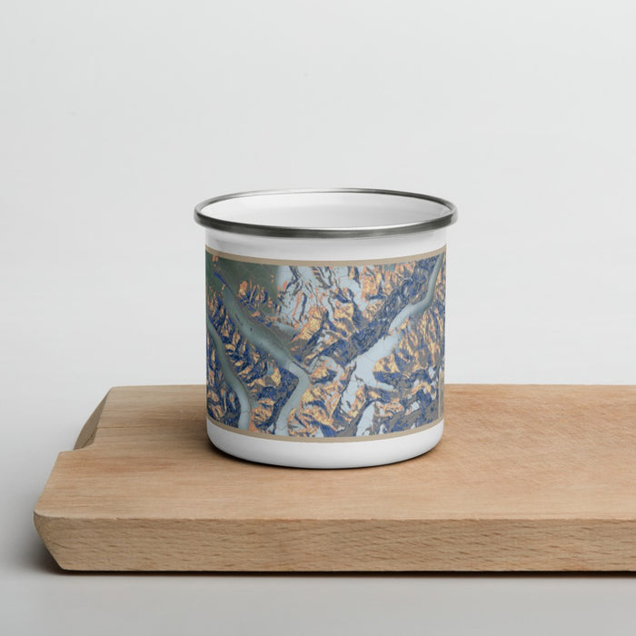 Front View Custom Denali National Park Map Enamel Mug in Afternoon on Cutting Board