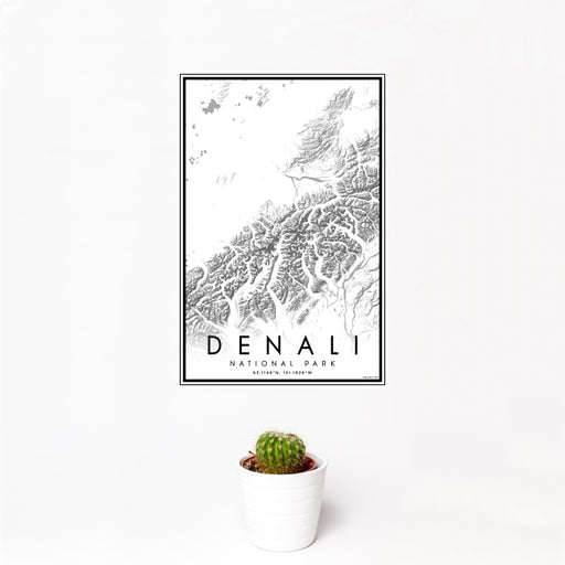 12x18 Denali National Park Map Print Portrait Orientation in Classic Style With Small Cactus Plant in White Planter